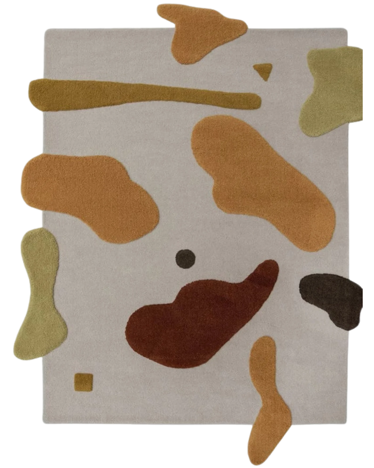 Beige brown mustard hand-tufted wool rug with abstract camo design.
