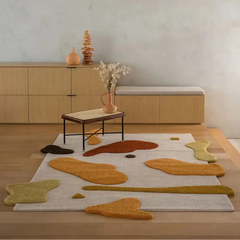 Modern abstract camo-inspired wool area rug.