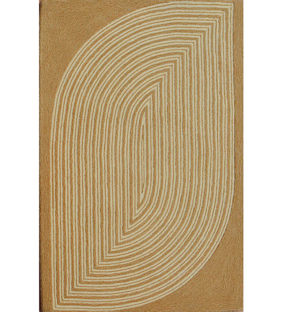 Hand-tufted wool rug with abstract arc design in beige and camel tones
