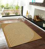 Modern minimalist area rug with curved concentric line pattern
