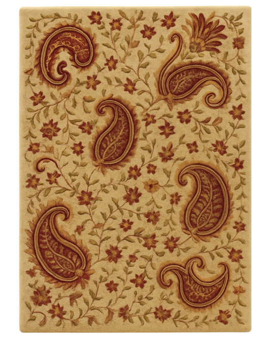 Beige and maroon hand-tufted wool paisley area rug.