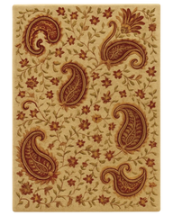 Beige and maroon hand-tufted wool paisley area rug.