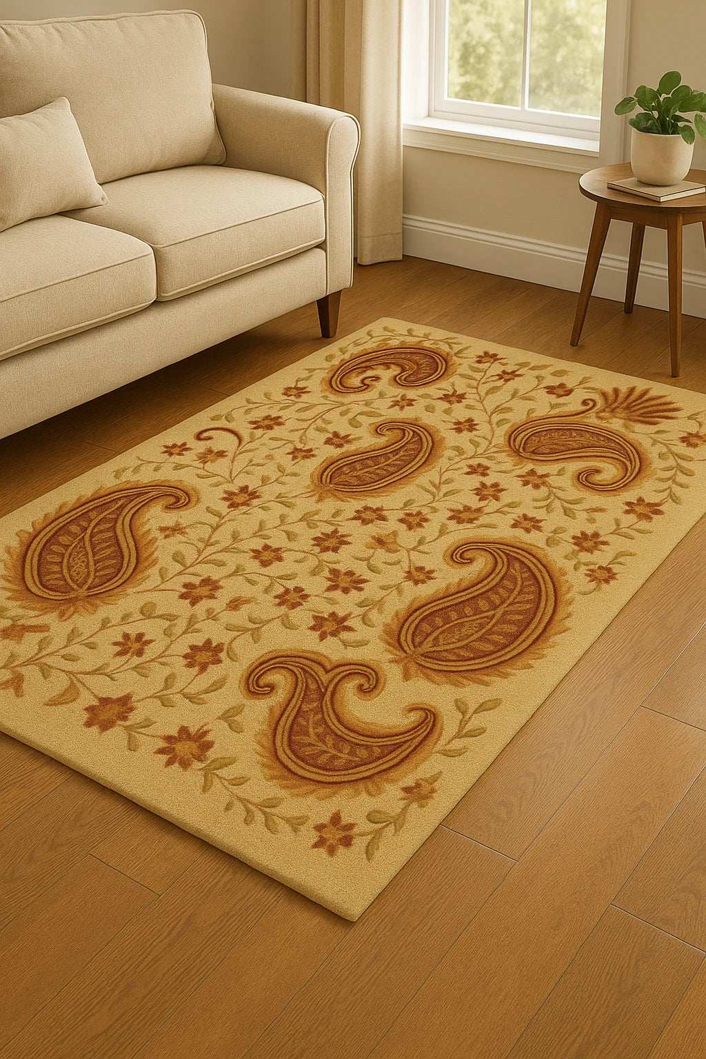 Luxury paisley area rug with beige base and red accents.
