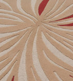 Beige rug with red and brown abstract swirling pattern in textured fibers