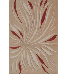 Beige rug with abstract red and white flowing leaf patterns, modern earthy design