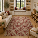 Beige red damask wool rug