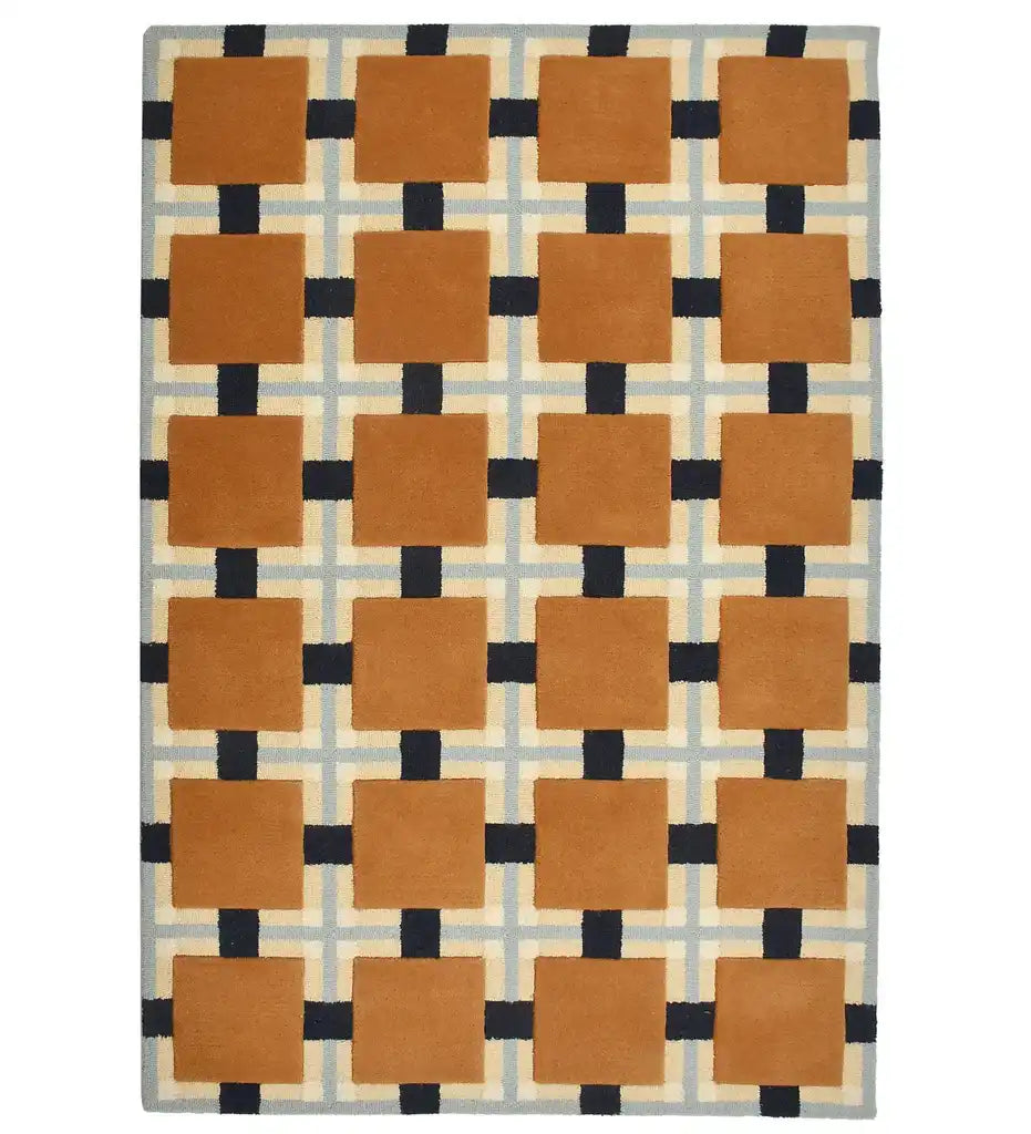 Hand-tufted wool rug with terracotta squares and navy grid design