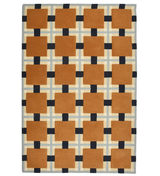 Hand-tufted wool rug with terracotta squares and navy grid design
