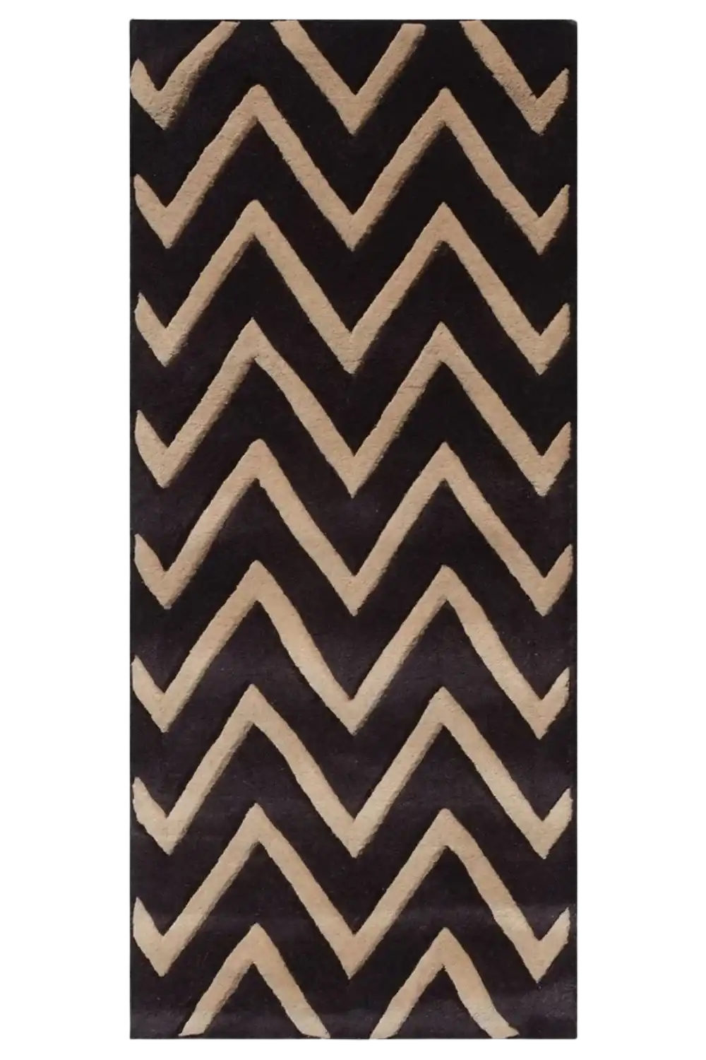 Beige and brown hand-tufted runner rug with bold zigzag chevron pattern, luxury home decor