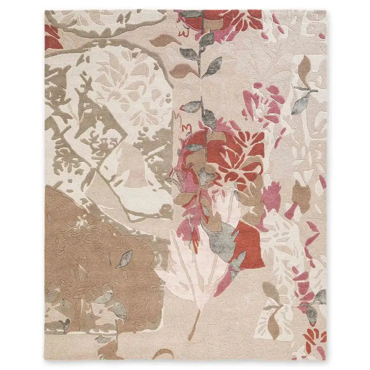 Beige and blush floral abstract handwoven luxury rug with textured leaves and petals design
