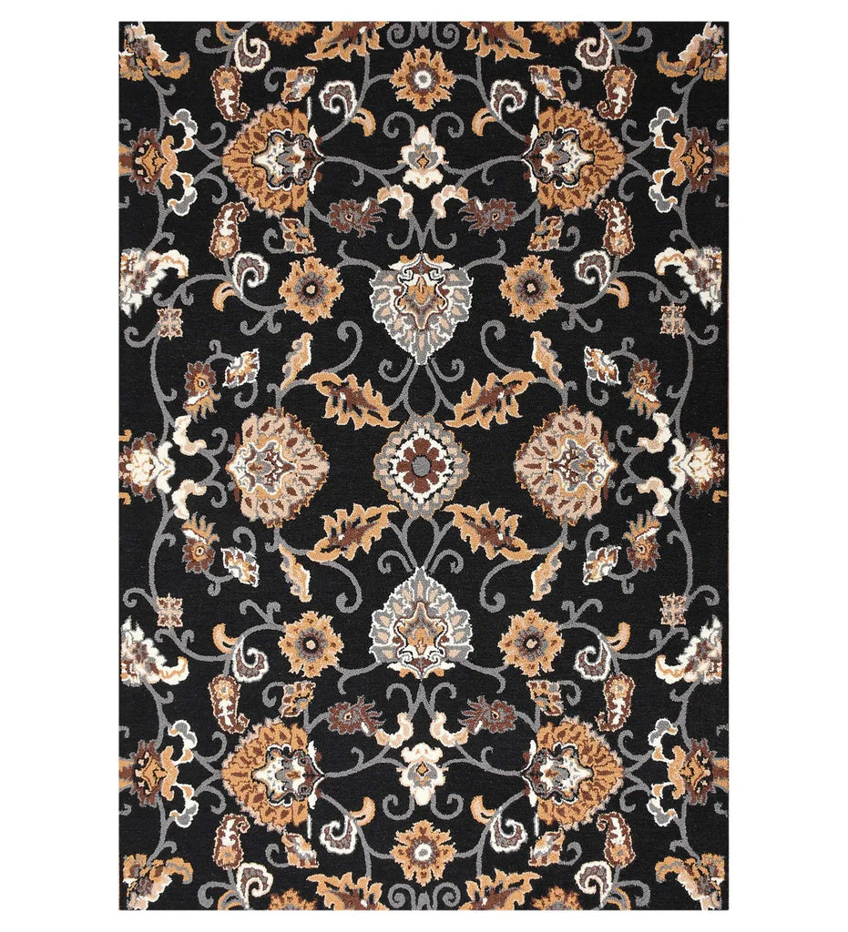 Traditional black floral hand-tufted wool rug with Oriental design
