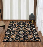 Luxury black wool rug featuring gold and beige floral motifs
