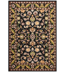 Black traditional hand-tufted wool rug with floral and vine motifs in green, beige, brown colors
