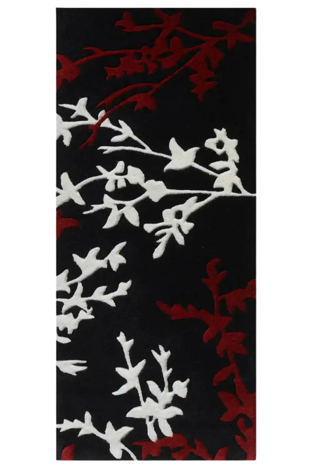 Black hand-tufted runner rug with white and red floral pattern
