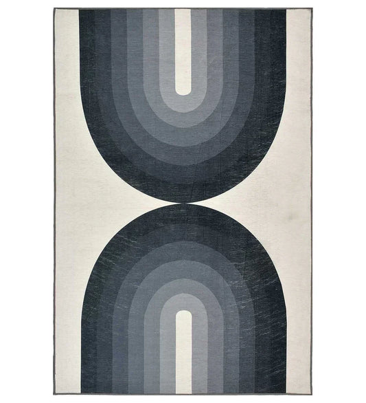 Black and gray modern geometric arch rug for contemporary spaces.
