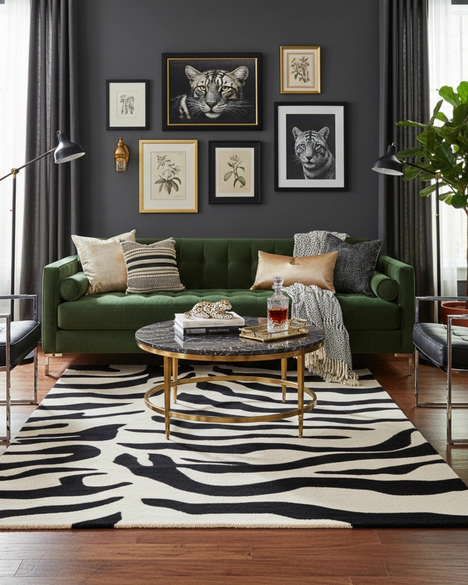 Black and ivory zebra print hand-tufted area rug placed in a contemporary living room for a striking decor accent