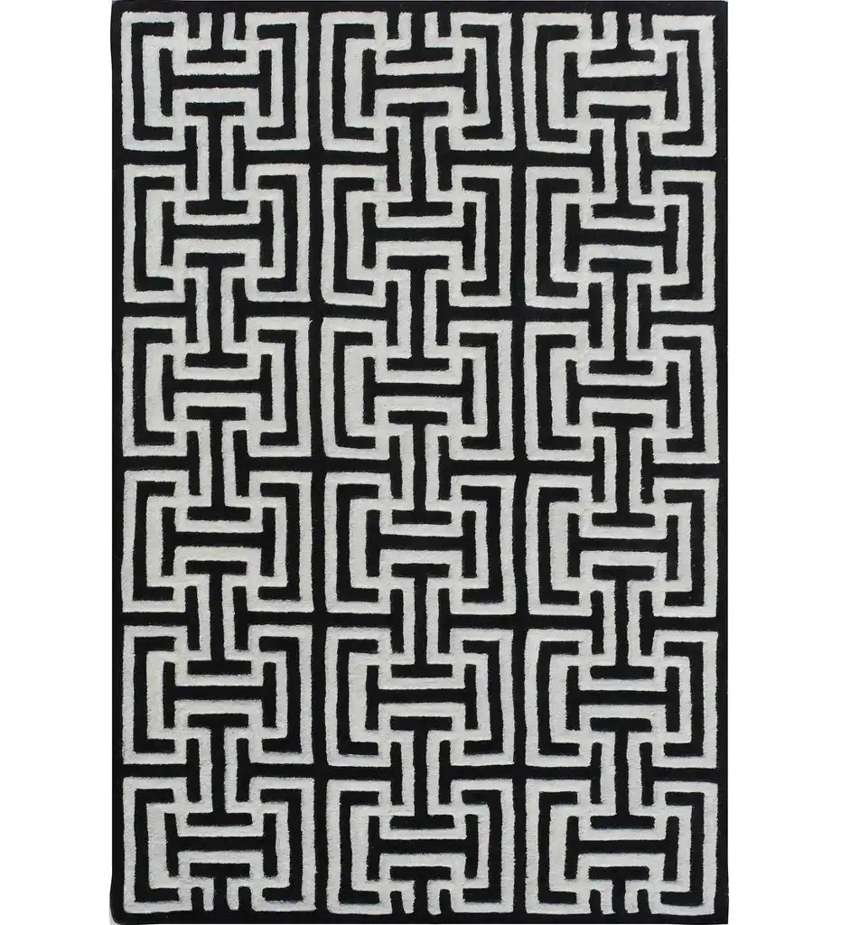 Black and white geometric hand-tufted wool rug with maze pattern