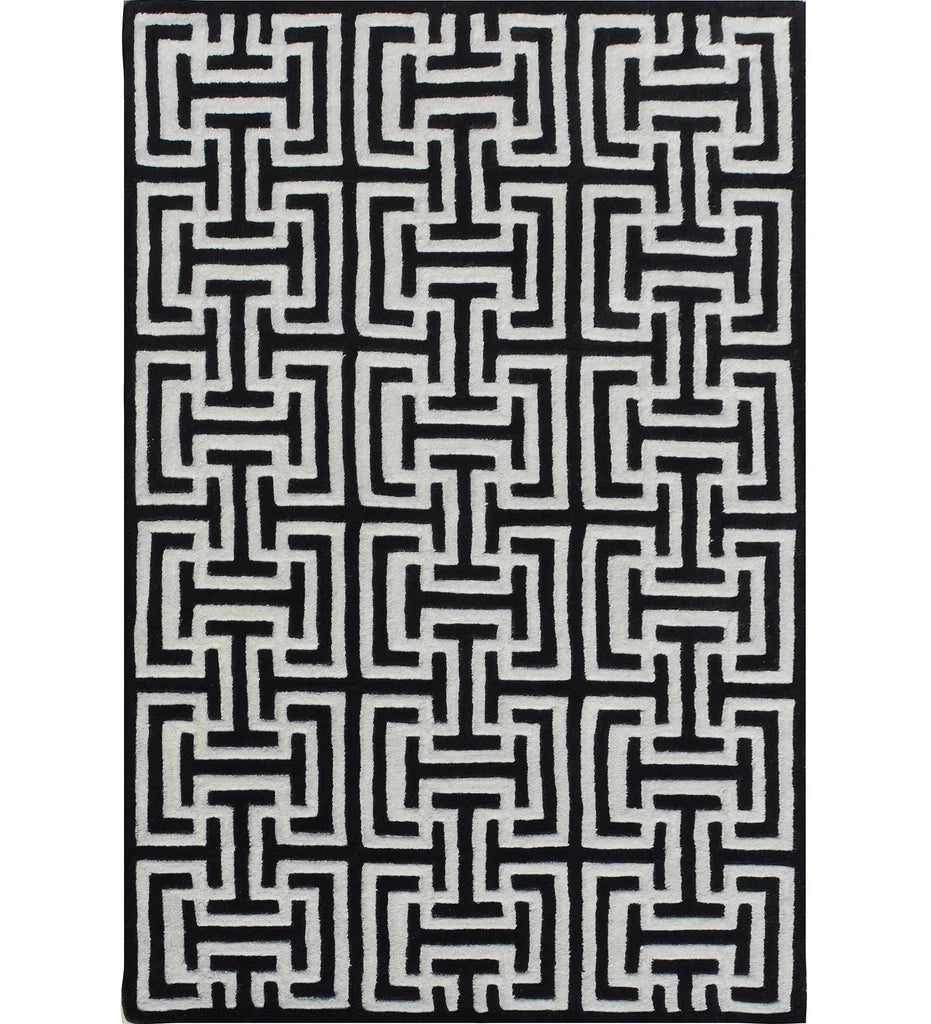 Black and white geometric hand-tufted wool rug with maze pattern