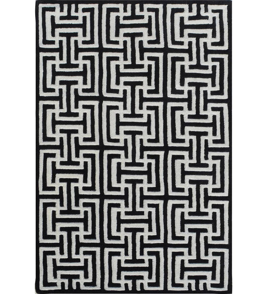 Black and white geometric hand-tufted wool rug with maze pattern