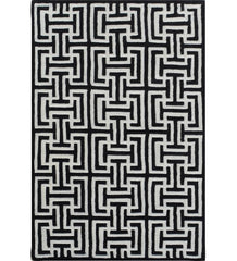 Black and white geometric hand-tufted wool rug with maze pattern