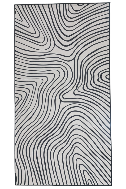 Black and white wavy line modern abstract rug - machine washable.