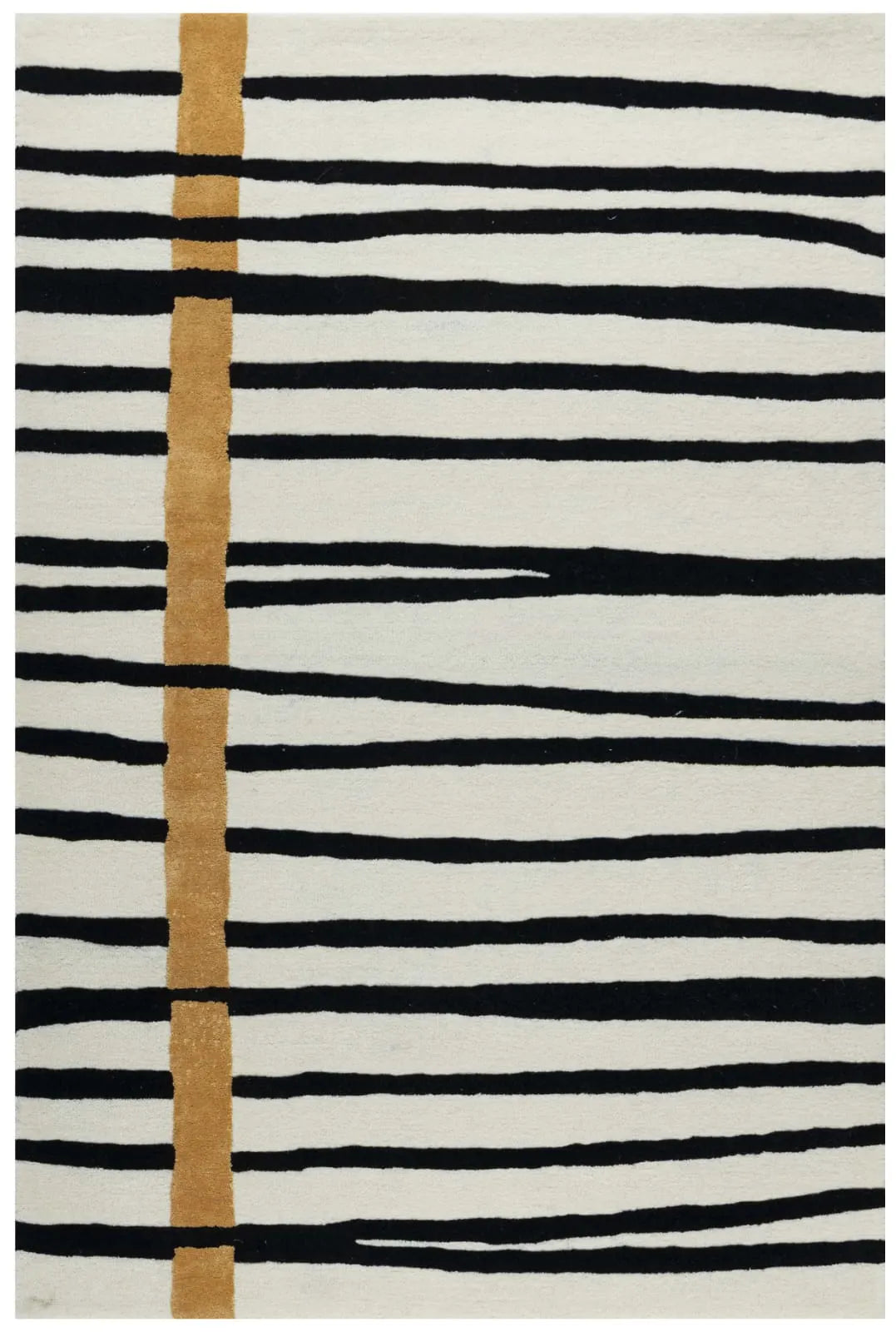 Modern striped hand-tufted wool rug in black and white with golden accent.