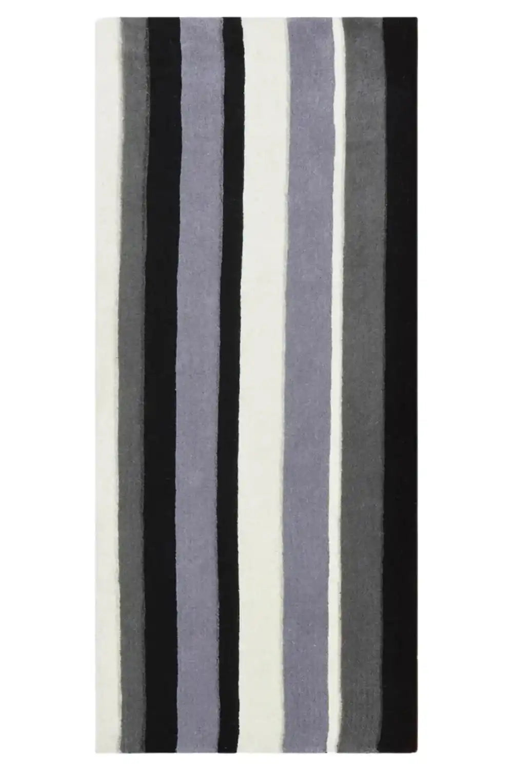 Black and gray hand tufted runner rug with vertical stripes on white background