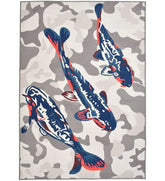 Blue fish patterned rug with coastal design.