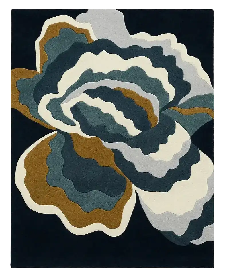 Abstract blue modern area rug with layered wavy shapes in navy, teal, gold, and cream