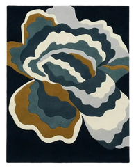 Abstract blue modern area rug with layered wavy shapes in navy, teal, gold, and cream