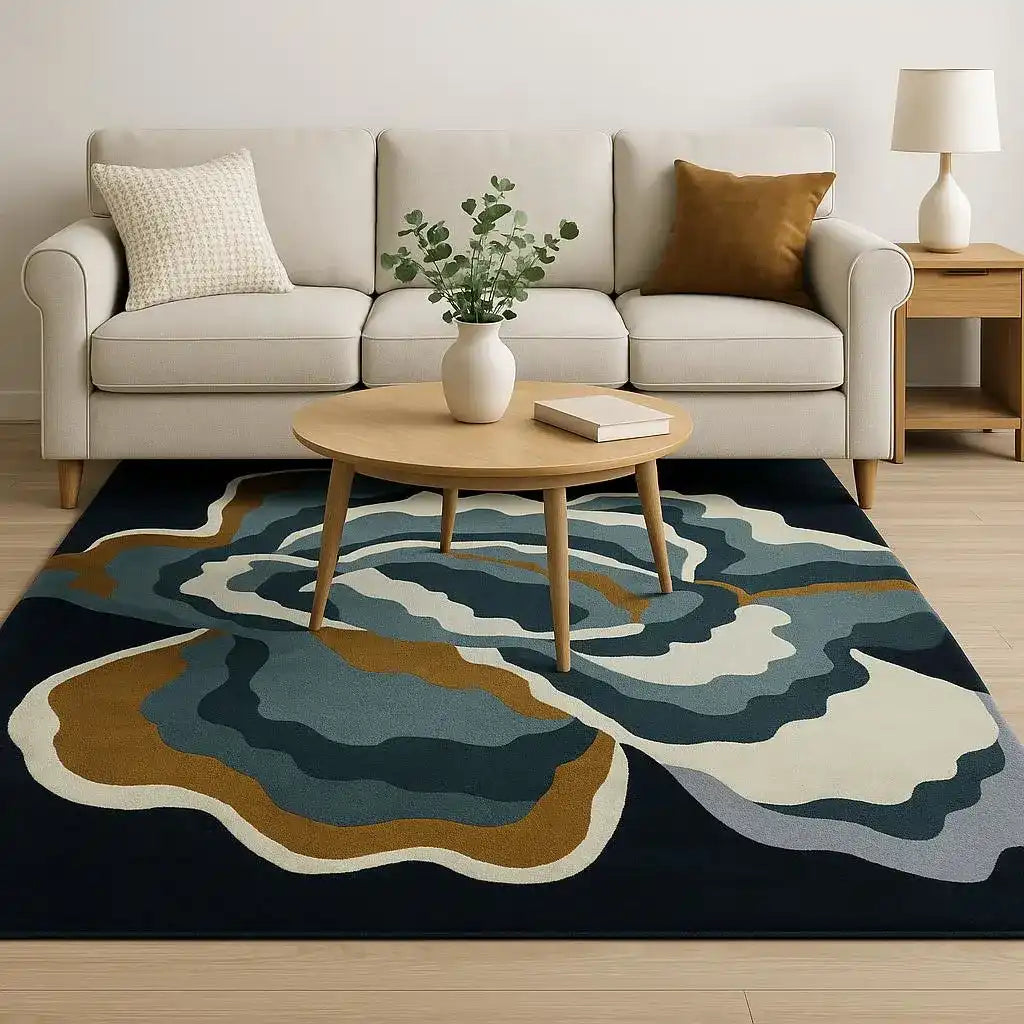 Modern living room with a blue abstract floral rug, beige sofa, and round wooden coffee table