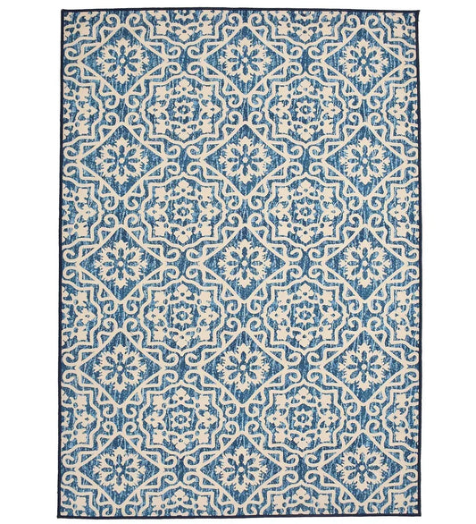 Blue Moroccan style machine washable rug.