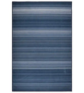 Blue striped rug in machine washable fabric.