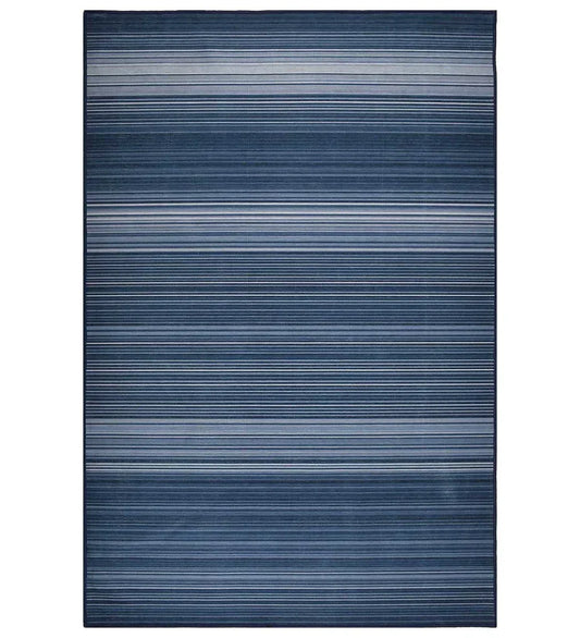 Blue striped rug in machine washable fabric.