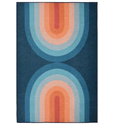 Blue and coral retro geometric arch rug with vintage charm.