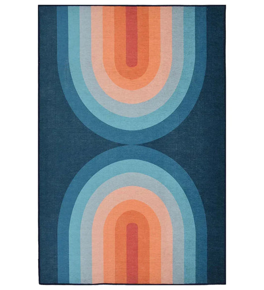 Blue and coral retro geometric arch rug with vintage charm.