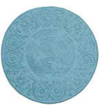 Round blue hand tuftet traditional wool rug with intricate embossed floral and spiral patterns