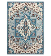 Traditional blue Oriental hand-tufted wool rug with medallion design