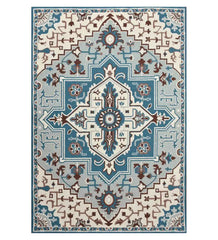 Blue and ivory traditional geometric floral rug with intricate symmetrical patterns