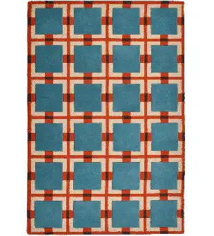 Blue and red retro geometric rug with square grid pattern on cream background