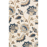 Hand-tufted luxury rug with blue and beige floral pattern on cream background