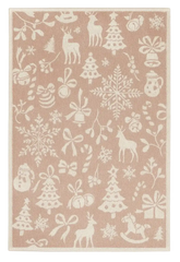 Blush pink Christmas rug with cream reindeer, snowflakes, and festive silhouettes