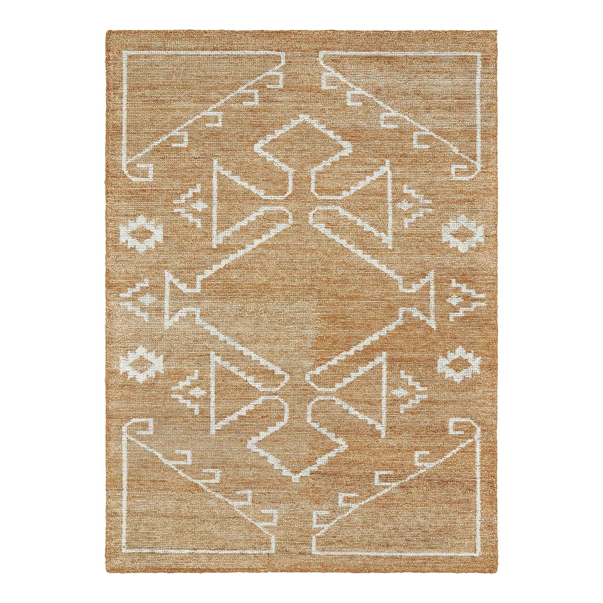 Bohemian hand-tufted wool rug with beige base and white tribal pattern.