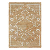 Bohemian hand-tufted wool rug with beige base and white tribal pattern.
