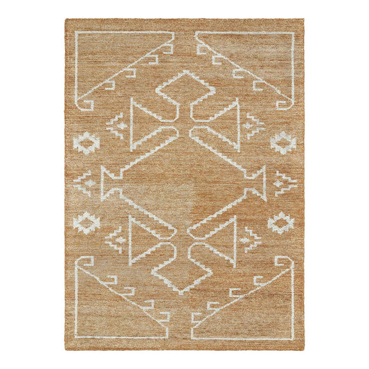Bohemian hand-tufted wool rug with beige base and white tribal pattern.