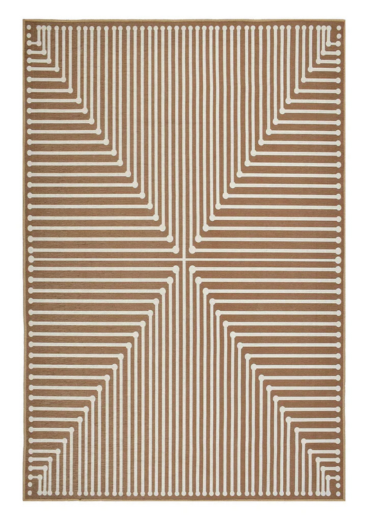 Brown Modern Geometric Rug with bold abstract shapes.