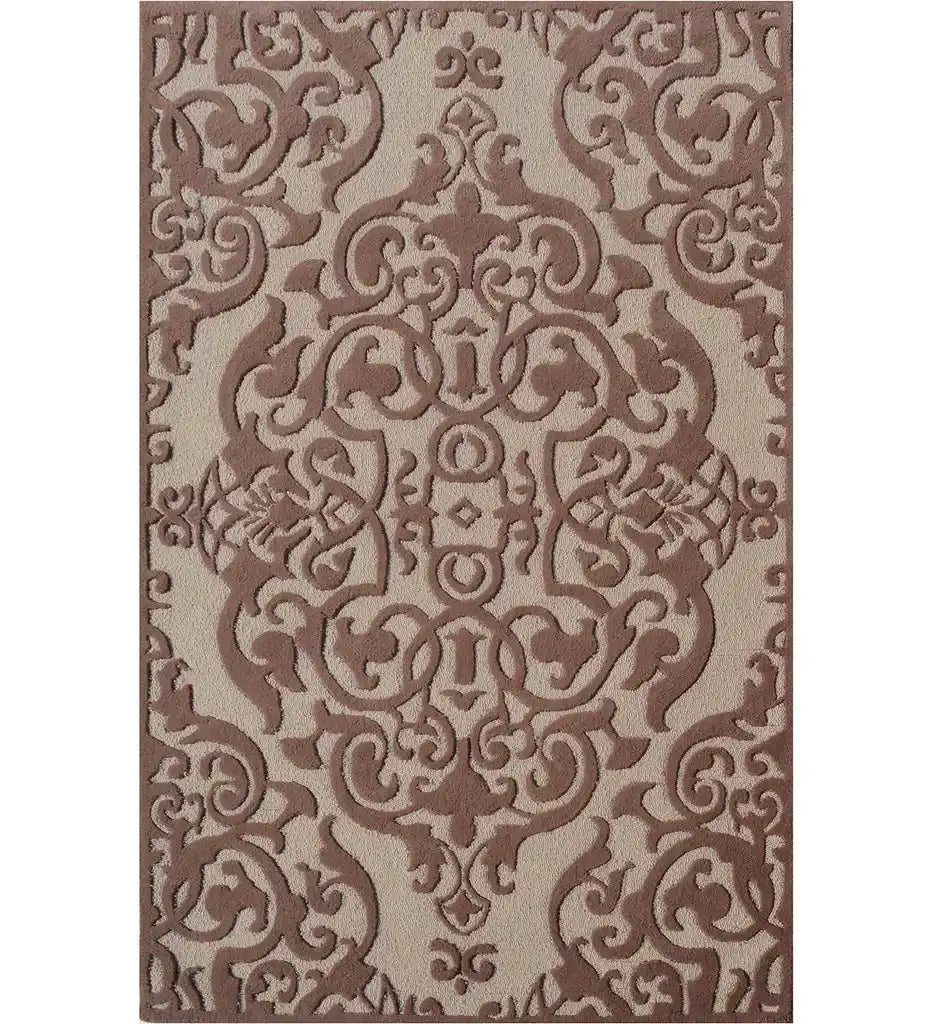 Brown and beige damask embossed hand-tufted wool rug