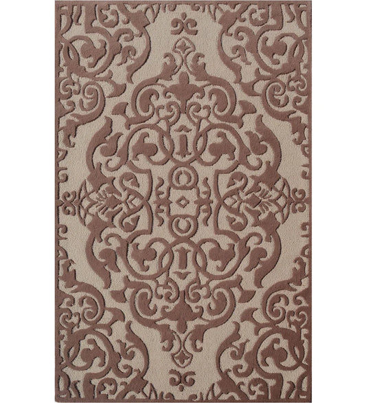 Brown and beige damask embossed hand-tufted wool rug
