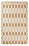 Brown and cream checkered rug with scalloped edges, handwoven texture, modern geometric design