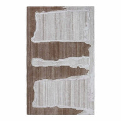 Abstract striped hand-tufted wool rug in brown and grey layered design, modern artisan wool rug with irregular stripe pattern.
